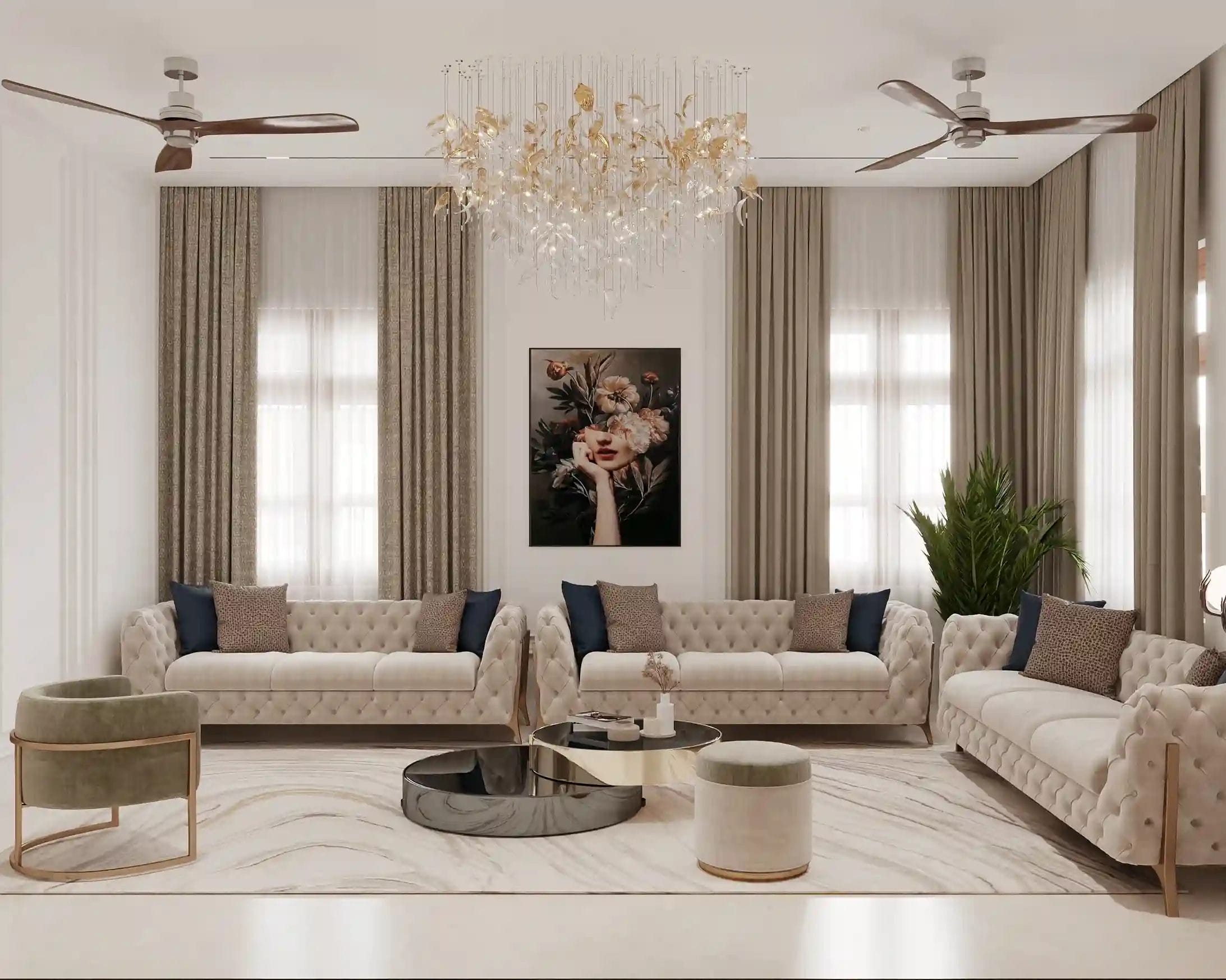 A spacious living room Interior Design with painting in Bangalore by Interiosplash Interior Design Company