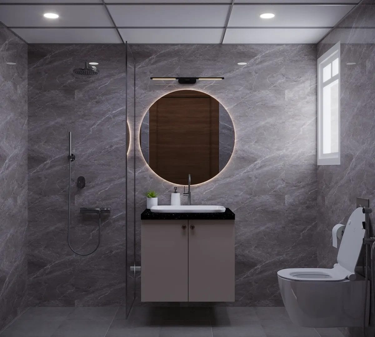 A modern bathroom Interior Design with natural light in Bangalore by Interiosplash Interior Design Company