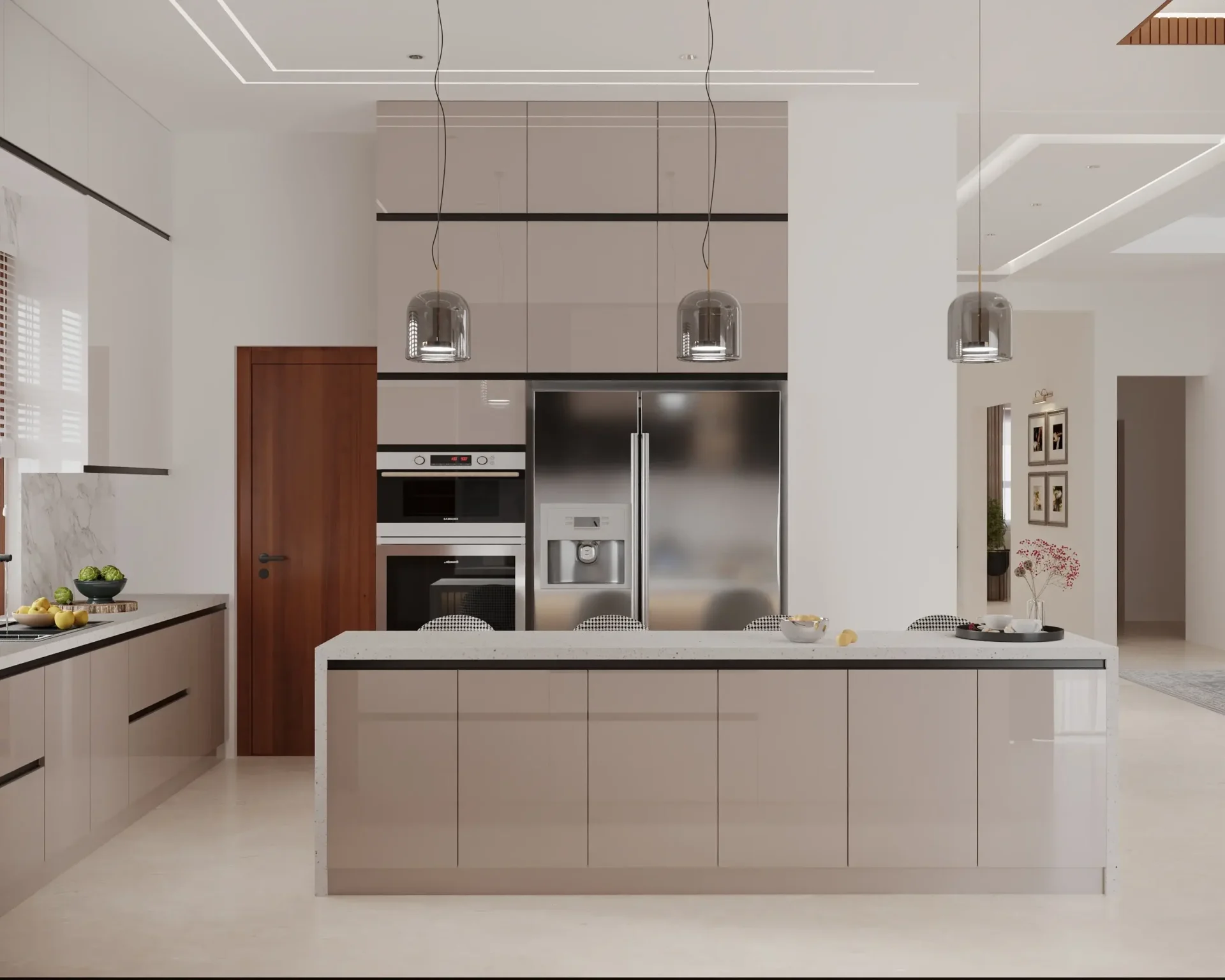 A modern kitchen Interior Design with hanging lights in Bangalore by Interiosplash interior design company