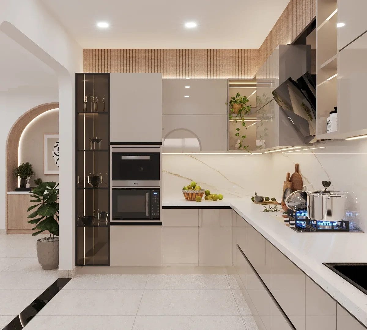 A modular kitchen Interior Design with an aesthetic chimney in Bangalore by P G interior interior design company