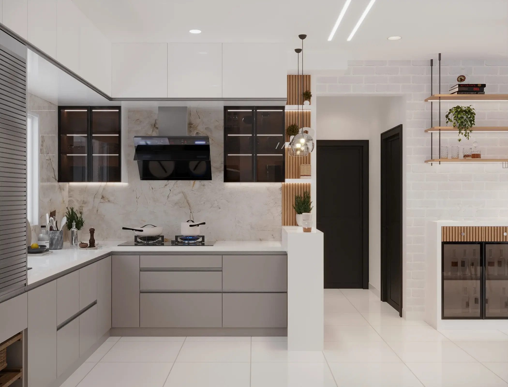 A modular kitchen Interior Design with natural lighting in Bangalore by Interiosplash interior design company