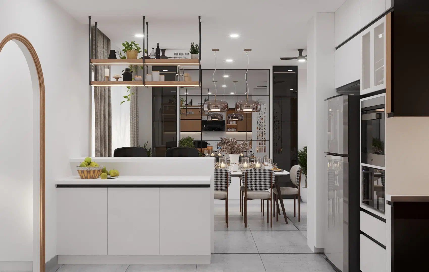 A modern kitchen with sleek white cabinetry, a dining area featuring elegant decor, and stylish pendant lights overhead.